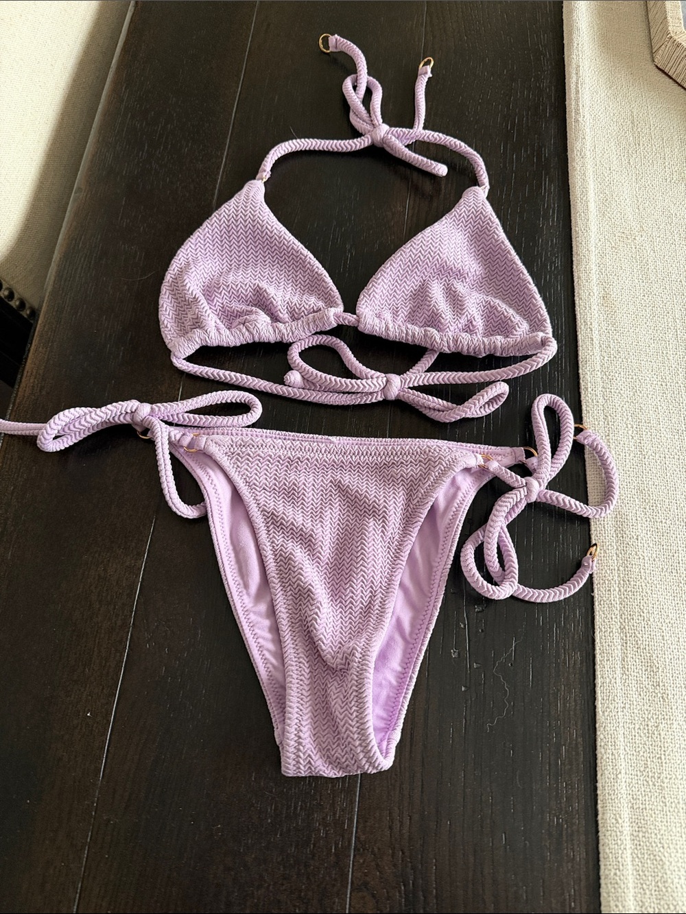 Lavender Textured Rope-Trim Triangle Bikini